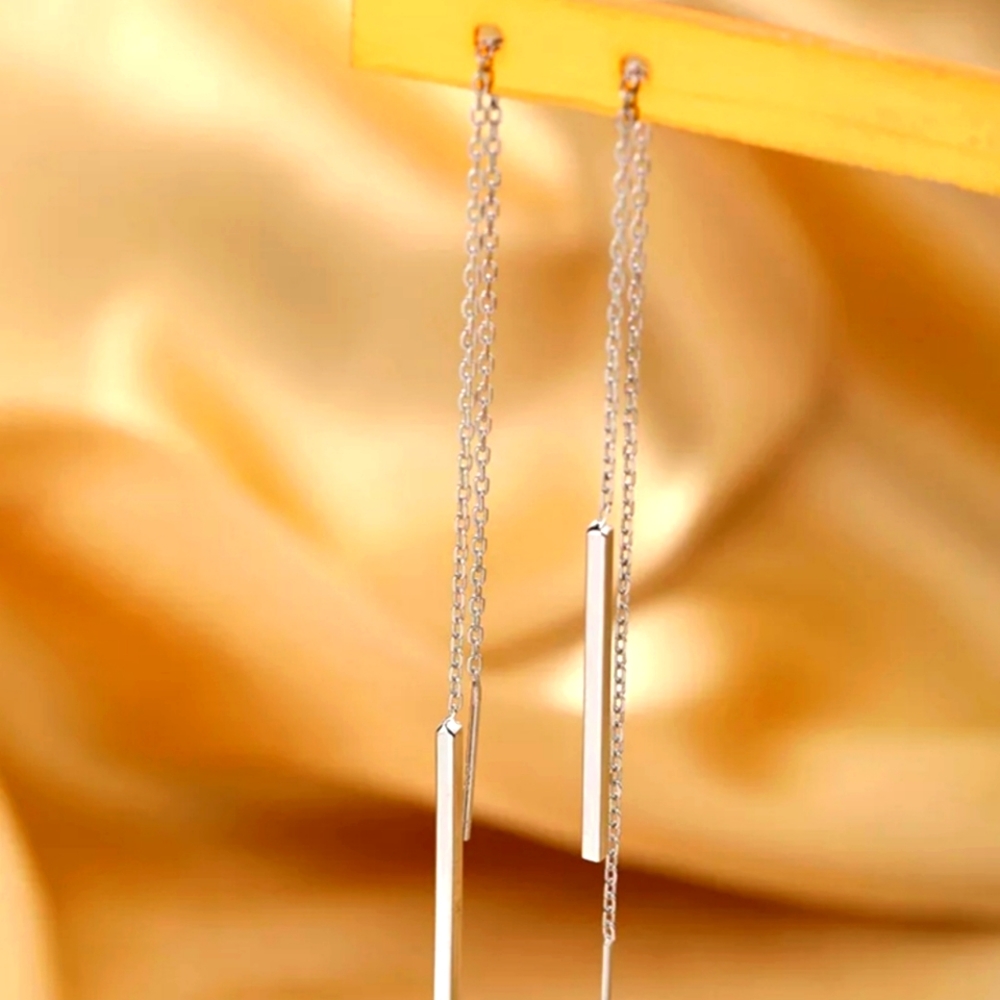 Silver rectangular bar shaped threader dangle earrings